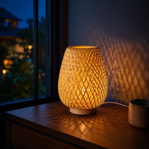 Boho rattan table lamp small - table, lamp,