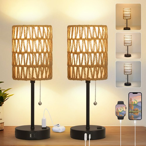 Rattan bedside table lamps set - table,