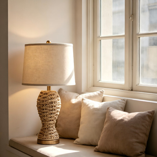 Rattan table lamp with - with, beige