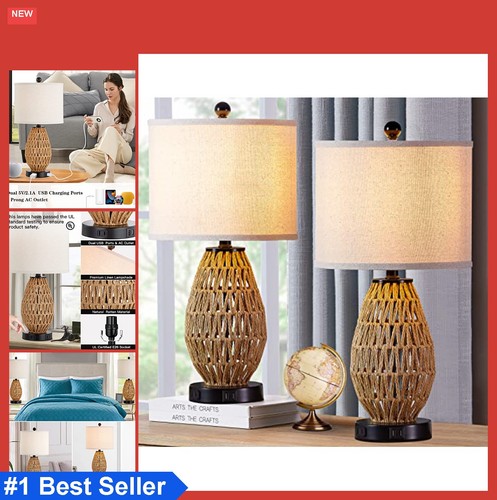 Rattan table lamps set 2 - rattan,